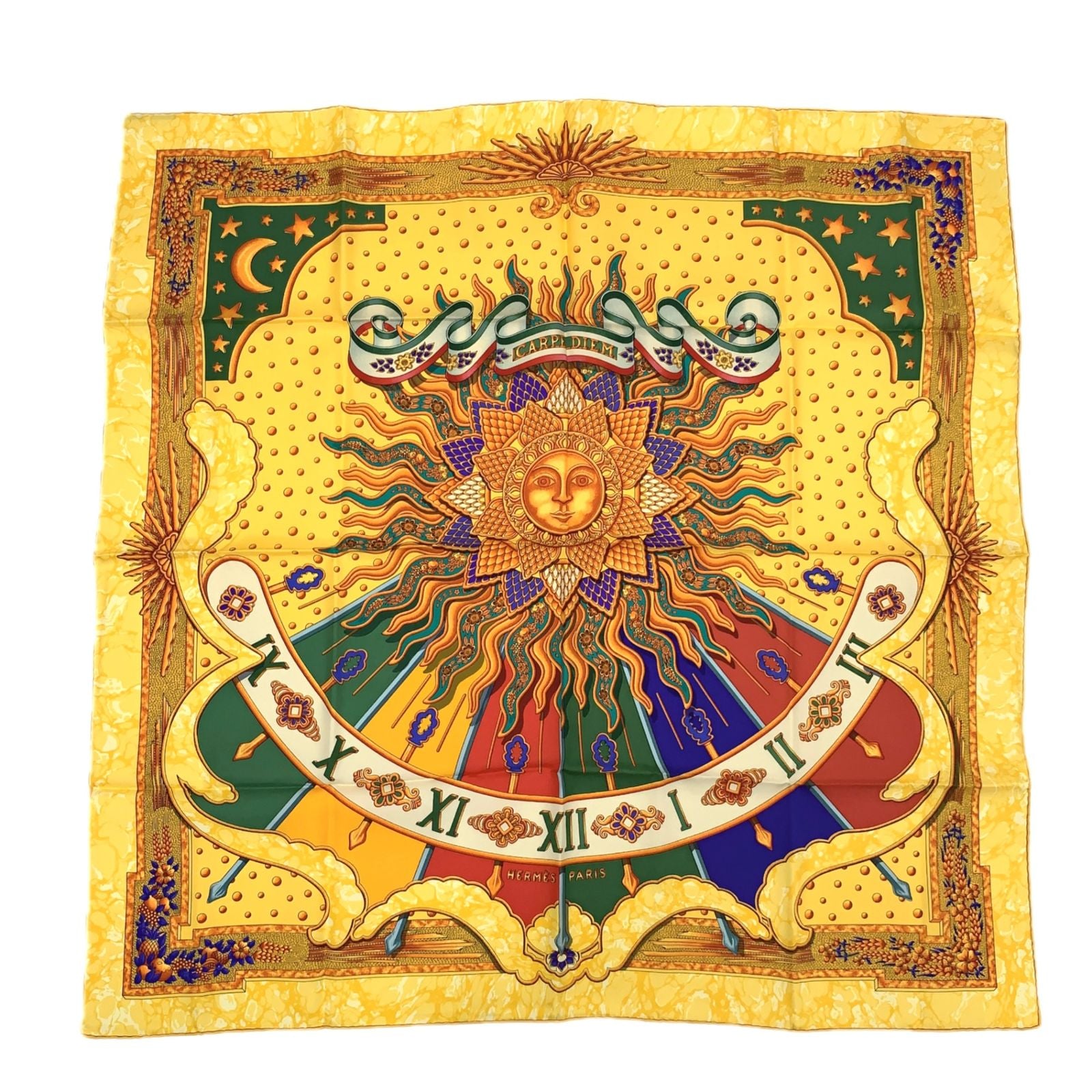 Hermes Scarf Carre 90 Carpe Diem Enjoy Your Day Yellow Sun Moon Stars — view 2