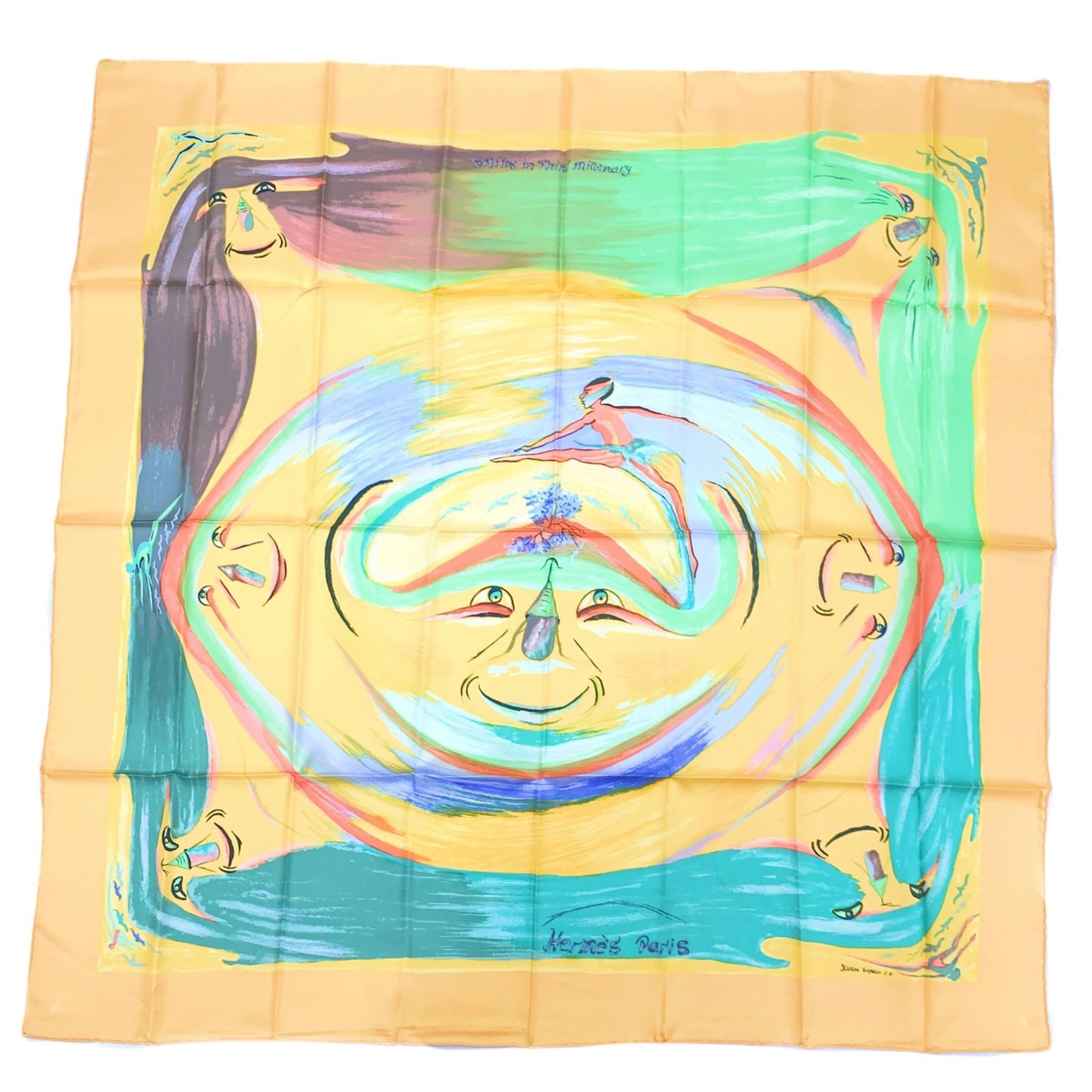 Hermes Carre 90 Smiles in Third Millenary Yellow Multicolor Scarf Silk