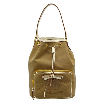 Prada Handbag Logo Jacquard Beige White Drawstring Ribbon Leather