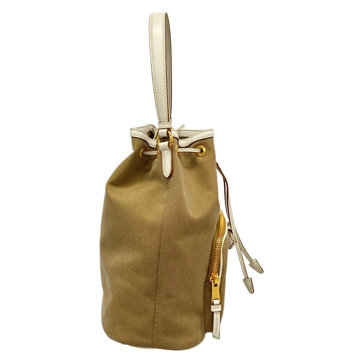 Prada Handbag Logo Jacquard Beige White Drawstring Ribbon Leather — view 2