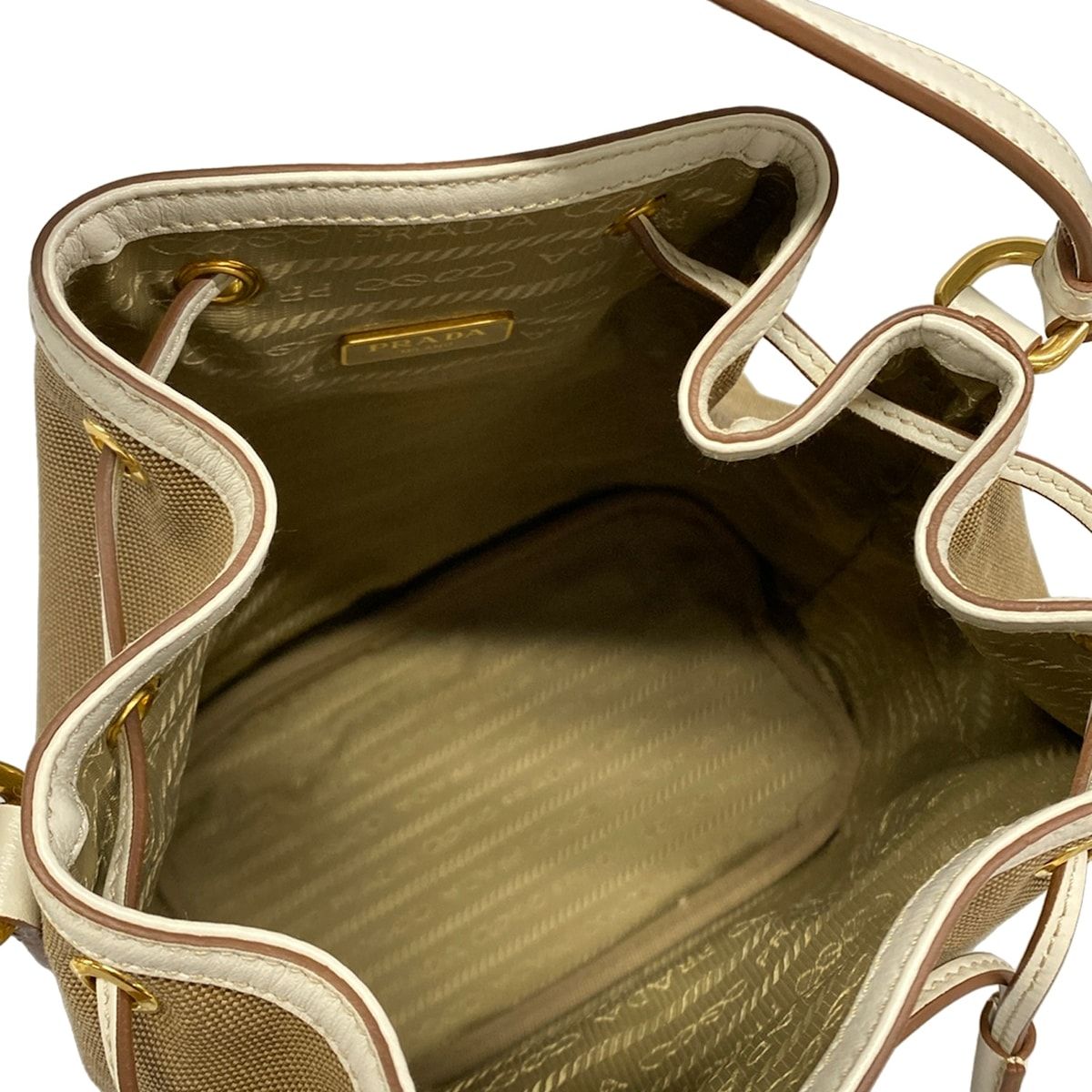 Prada Handbag Logo Jacquard Beige White Drawstring Ribbon Leather — view 7