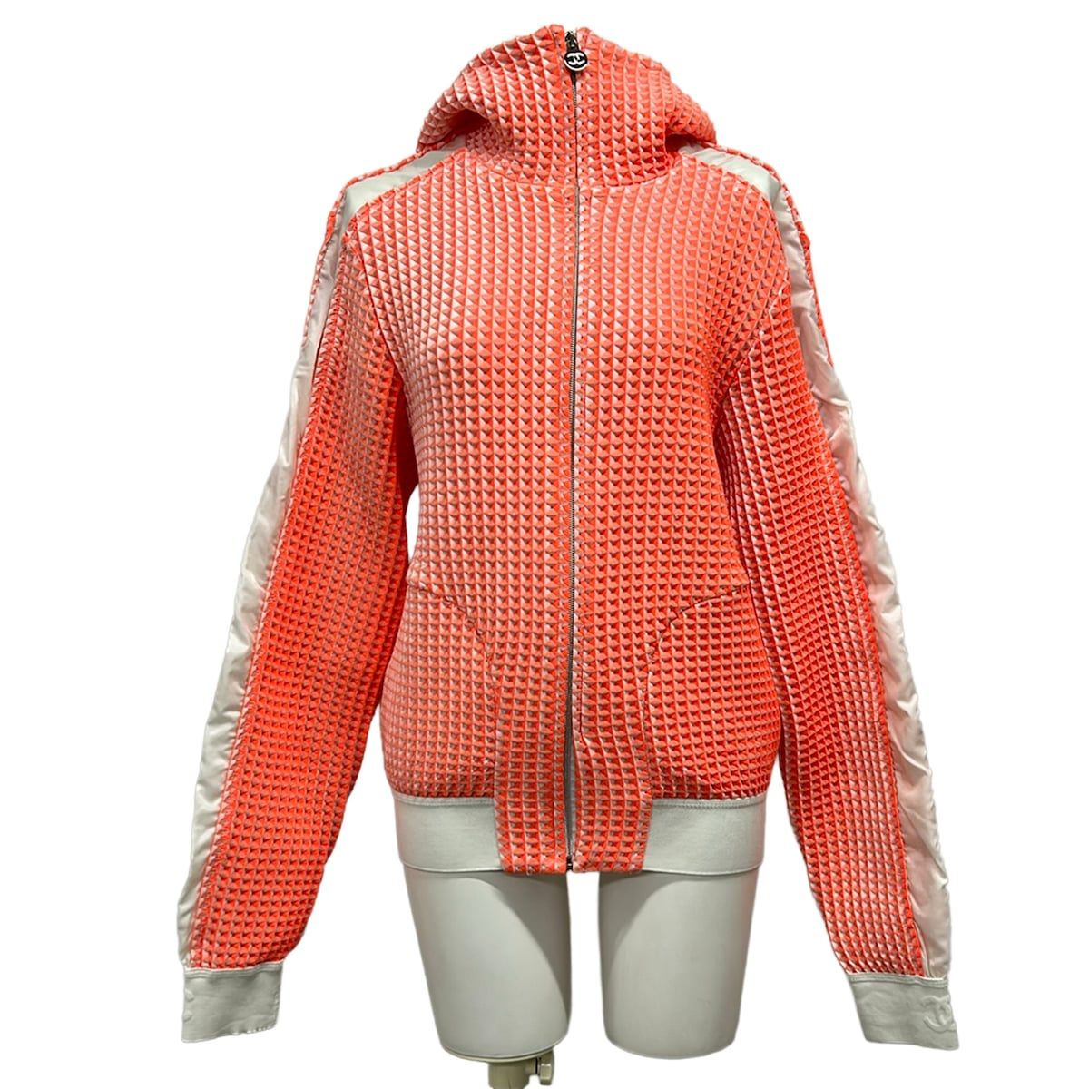 Chanel Hoodie 38 M Orange White Long Sleeve Embossed Fabric Zip