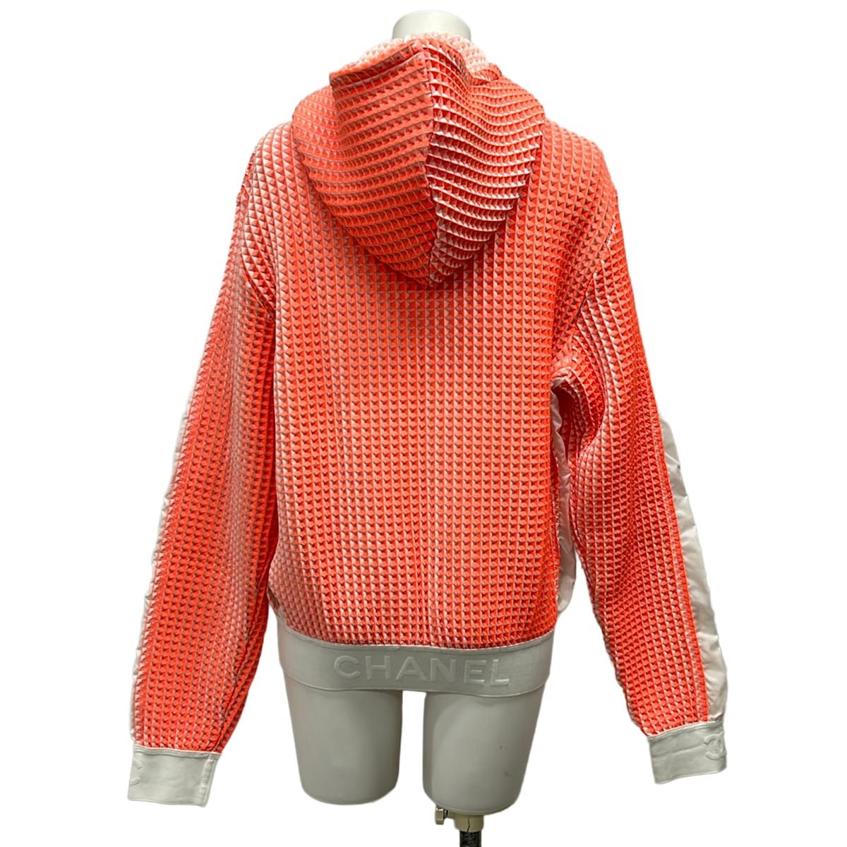 Chanel Hoodie 38 M Orange White Long Sleeve Embossed Fabric Zip — view 2