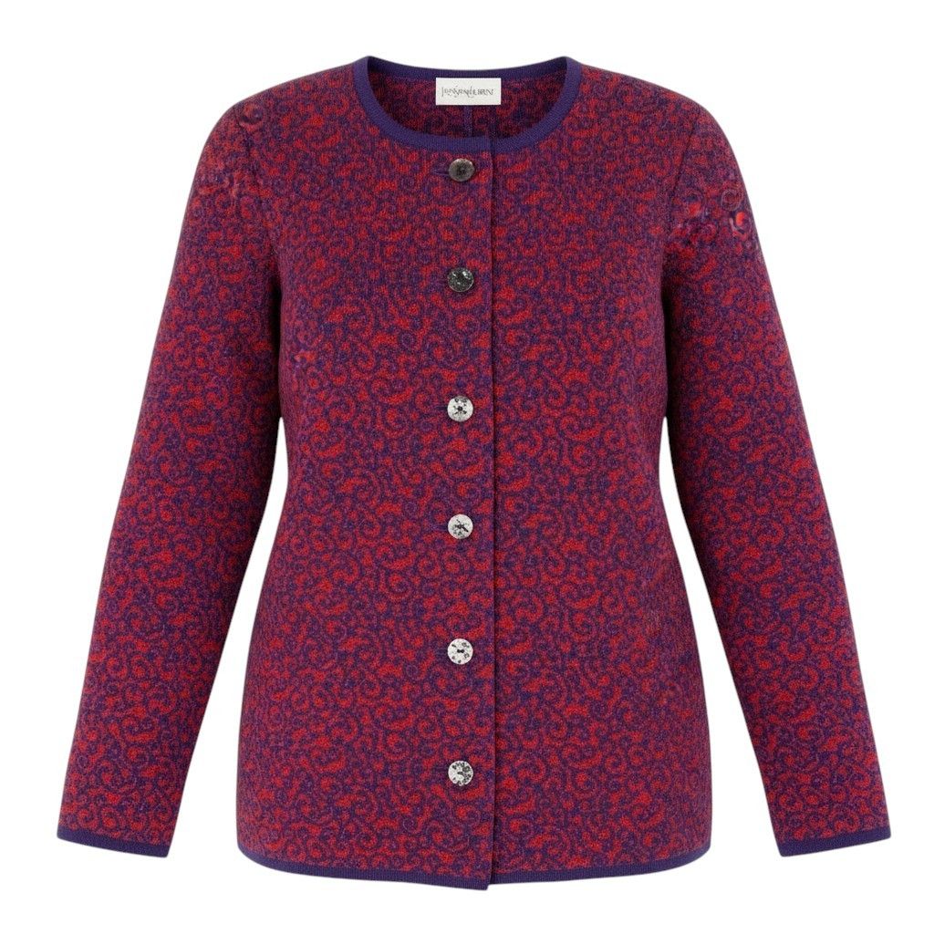 Saint Laurent Knit Cardigan Lame All Over Pattern Bicolor M Purple Red Wool