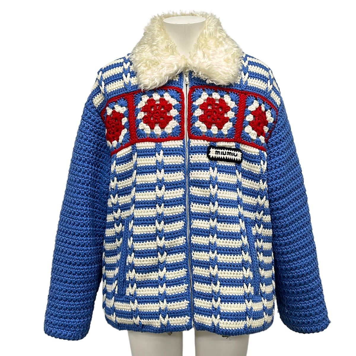 Miu Miu Jacket 42 XS Blue White Red Knit Winter Zip Up Wool