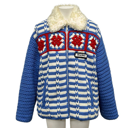 Miu Miu Jacket 42 XS Blue White Red Knit Winter Zip Up Wool
