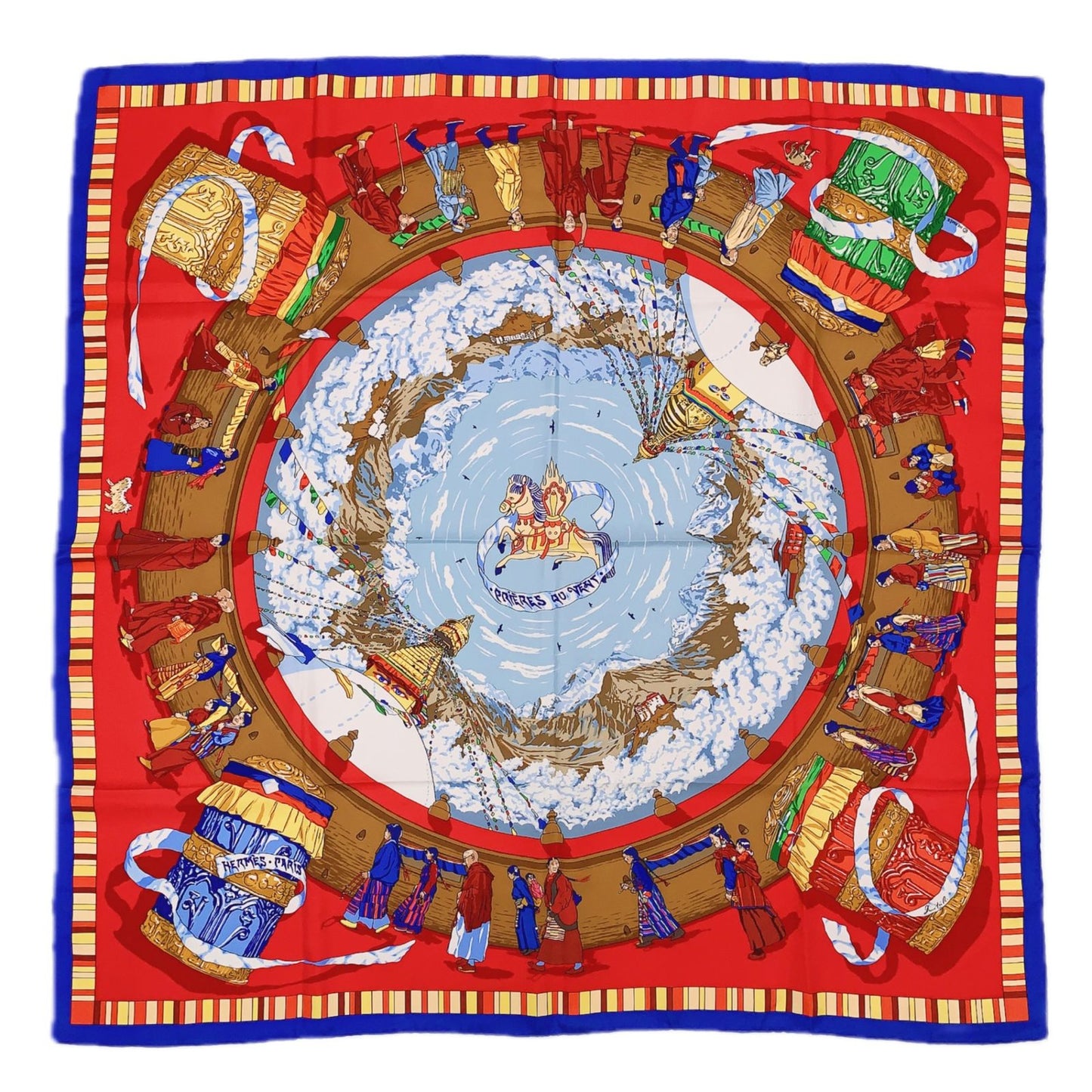 Hermes Carre 90 Prieres AU Vent Prayer in the Wind Silk Scarf Red Blue