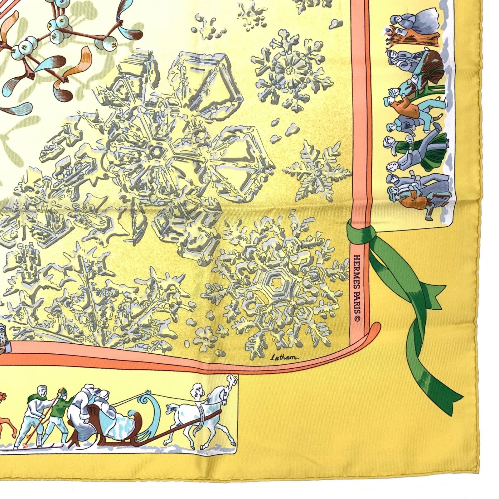 Hermes Carre 90 Neige D'antan Last Year's Snow Yellow Christmas Silk Scarf — view 4