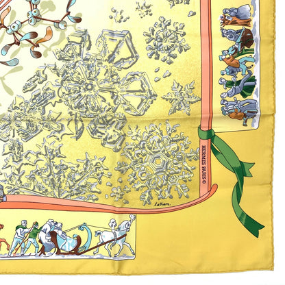 Hermes Carre 90 Neige D'antan Last Year's Snow Yellow Christmas Silk Scarf — view 4