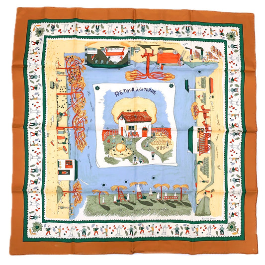Hermes Color Carre 90 RE Tour a la Terre Return Silk Scarf Brown