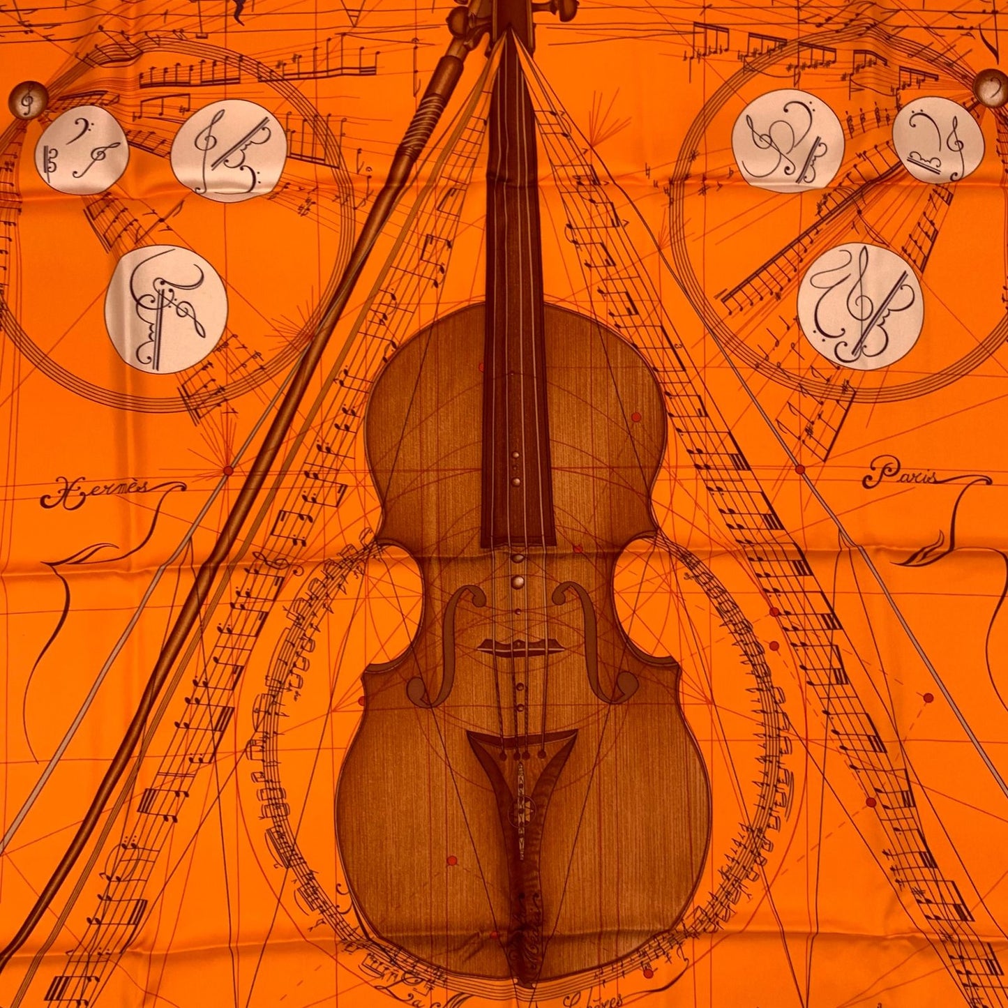 Hermes Carre 90 la Musique Des Spheres Music Played by Orange Violin Silk Scarf — view 6