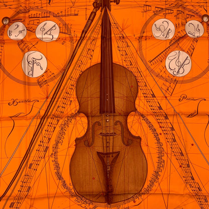Hermes Carre 90 la Musique Des Spheres Music Played by Orange Violin Silk Scarf — view 6