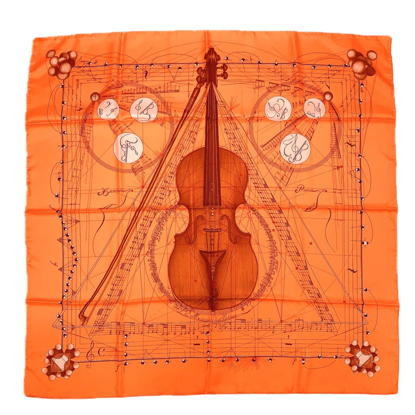 Hermes Carre 90 la Musique Des Spheres Music Played by Orange Violin Silk Scarf