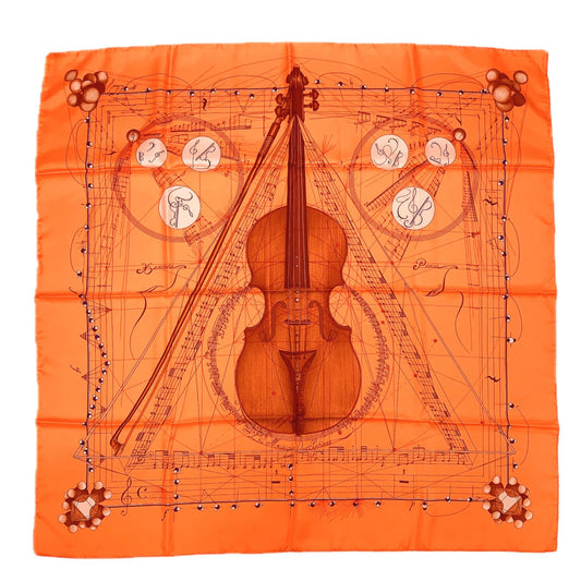 Hermes Carre 90 la Musique Des Spheres Music Played by Orange Violin Silk Scarf