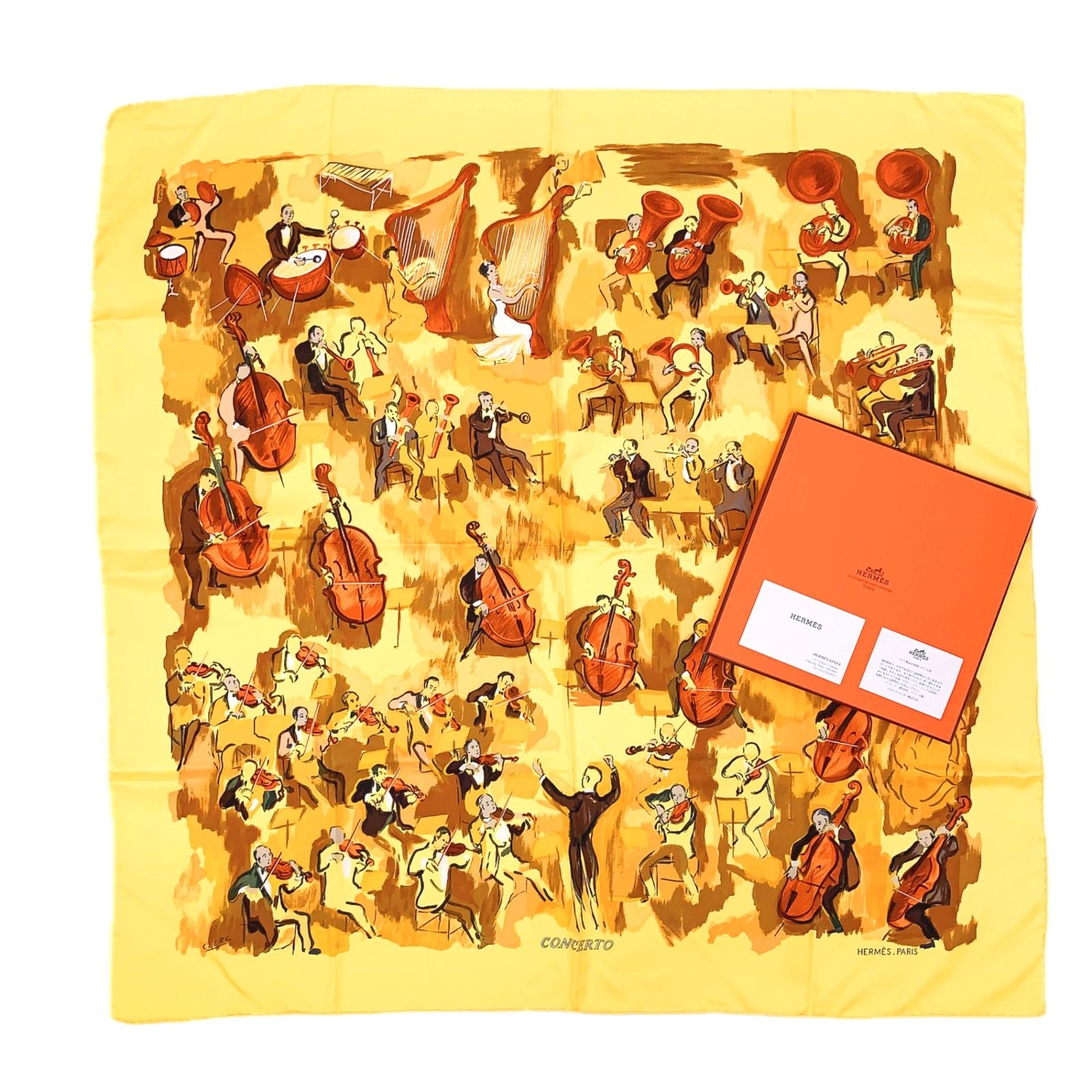 Hermes Carre 90 Concerto Yellow Silk 100% Scarf