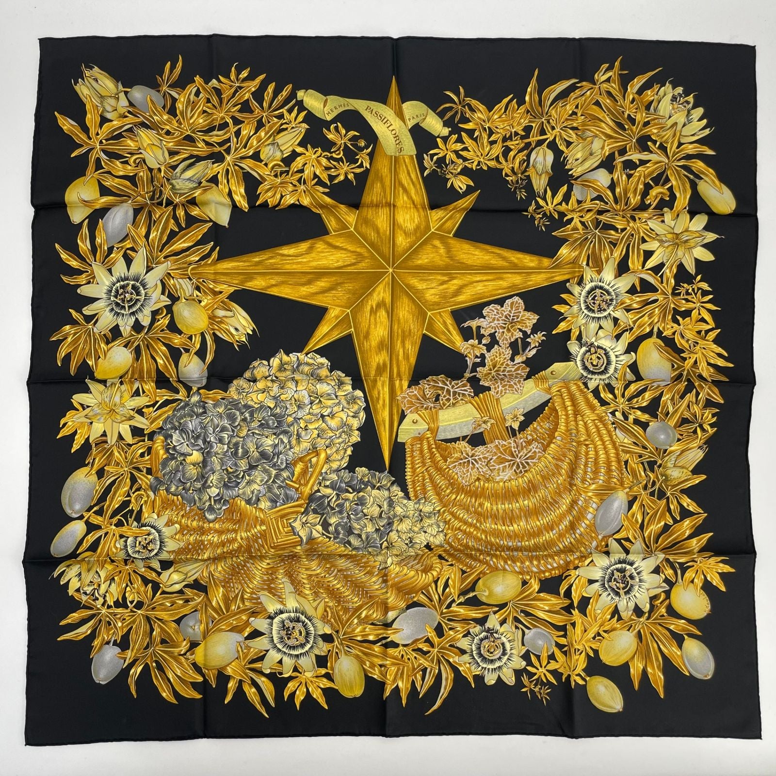Hermes Carre 90 Passiflores Passion Flower Black Silk 100% Scarf