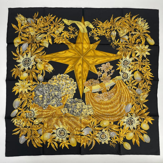 Hermes Carre 90 Passiflores Passion Flower Black Silk 100% Scarf