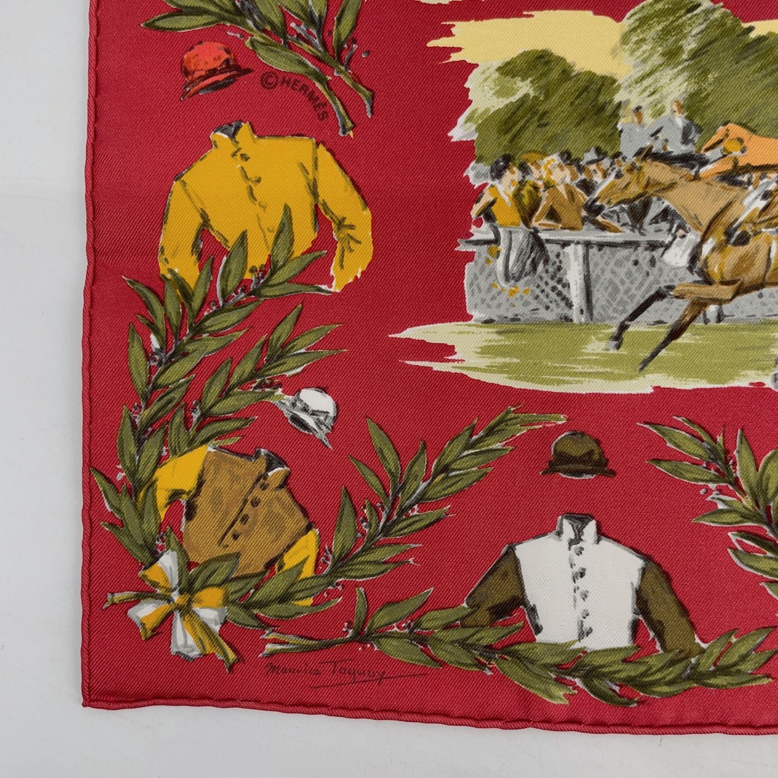 Hermes Carre 45 Chantilly Cite Racecourse Red Multicolor Silk 100% Scarf — view 6