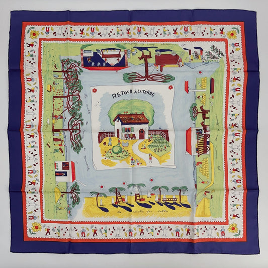 Hermes Carre 90 RE Tour a la Terre Return Navy Multicolor Silk 100% Scarf