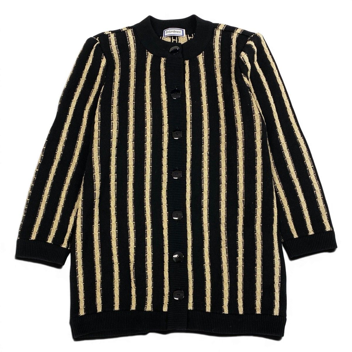 Saint Laurent Long Sleeve Knit Cardigan Tunic Length M Black Gold Wool — view 2