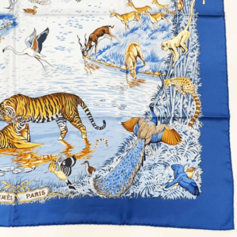 Hermes Super Rare Carre 90 la Treve de L Eau Water Truce Blue Silk 100% Scarf — view 5