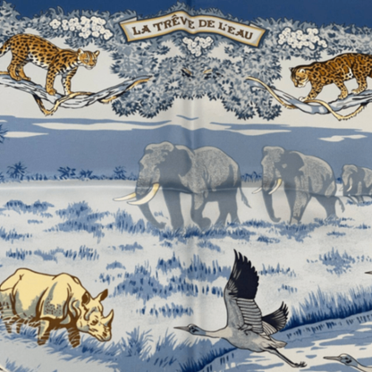 Hermes Super Rare Carre 90 la Treve de L Eau Water Truce Blue Silk 100% Scarf — view 9