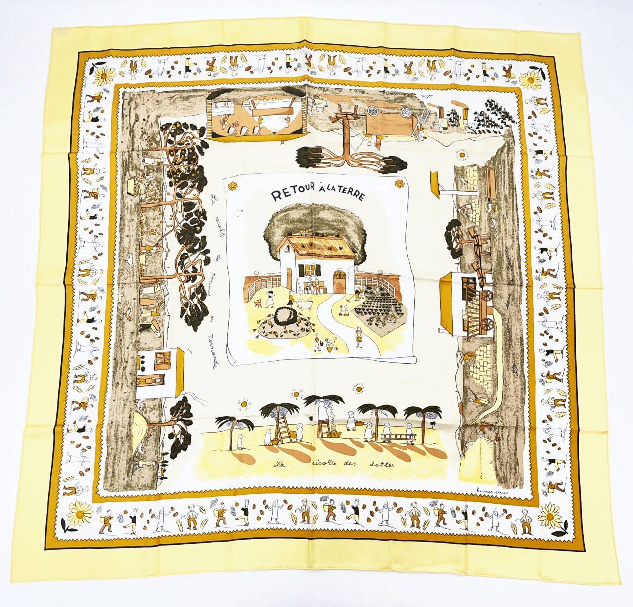 Hermes Carre 90 RE Tour a la Terre Return Yellow Silk 100% Scarf