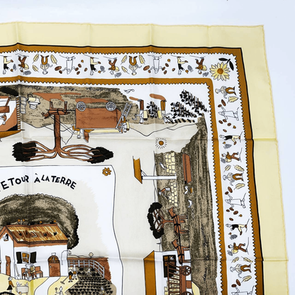 Hermes Carre 90 RE Tour a la Terre Return Yellow Silk 100% Scarf — view 2