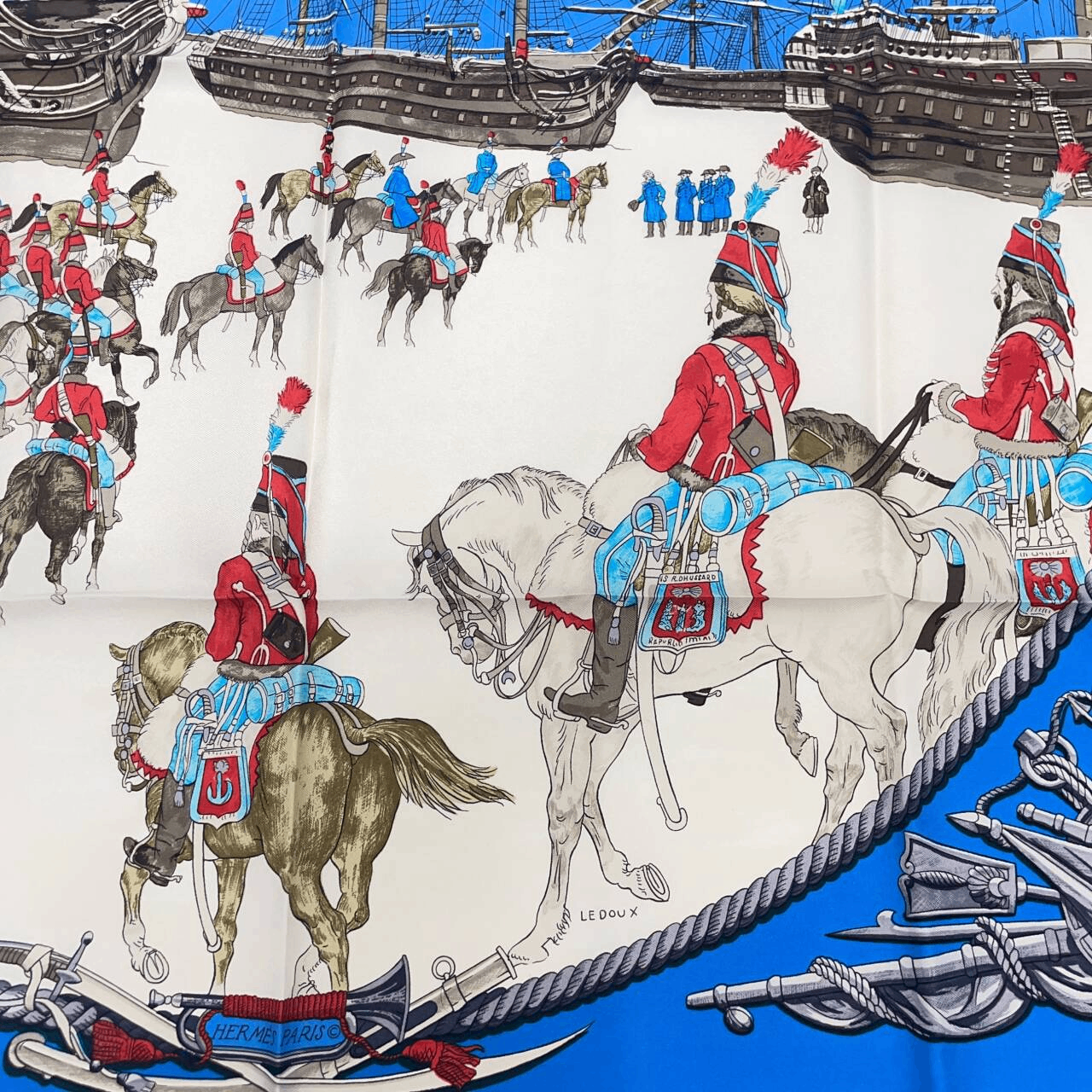 Hermes Carre 90 Marine Et Cavalerie Sea and Cavalry Blue Silk 100% Scarf — view 6