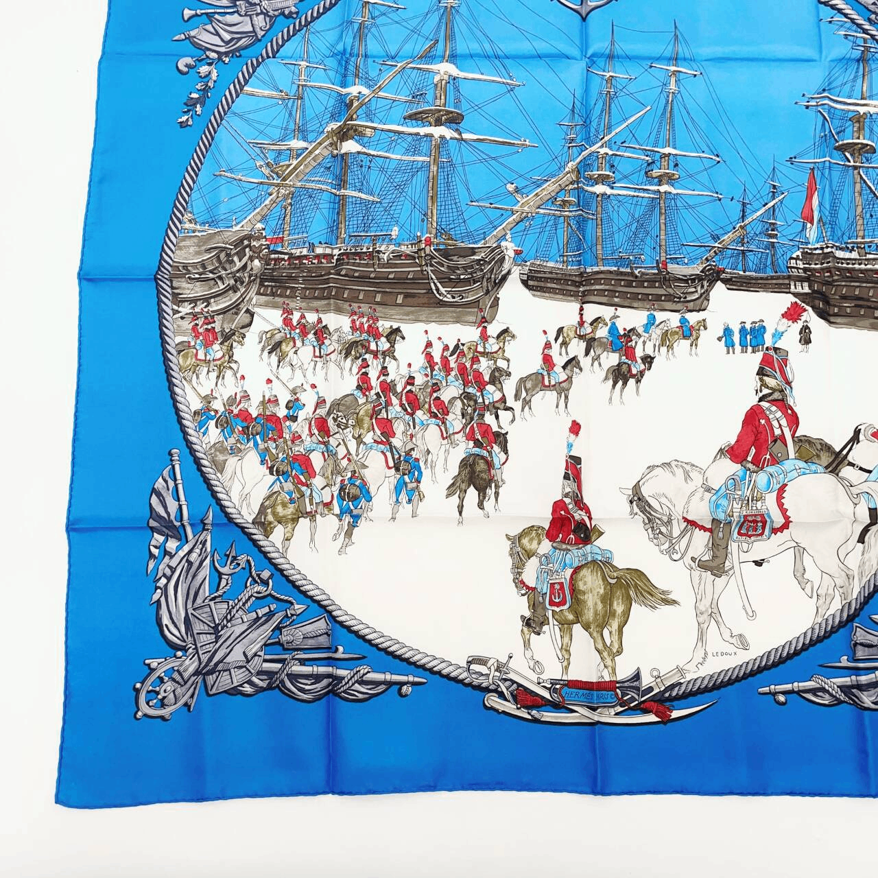 Hermes Carre 90 Marine Et Cavalerie Sea and Cavalry Blue Silk 100% Scarf — view 4