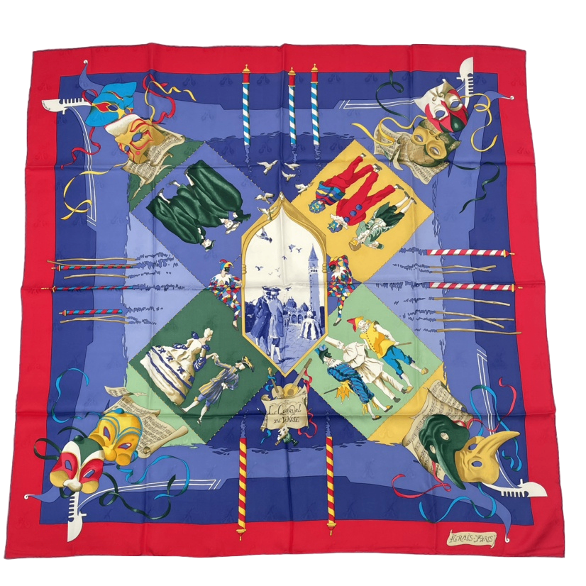 Hermes Carre 90 Carnaval de Venise Carnival of Venice Scarf Silk 100% Blue