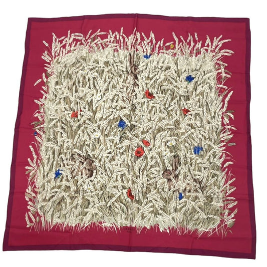 Hermes Carre 90 Lapins Dans Un Champ de Wheat Field and Rabbit Red Multicolor