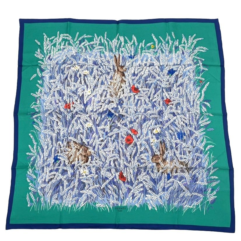 Hermes Carre 90 Lapins Dans Un Champ de Wheat Field and Rabbit Blue Multicolor