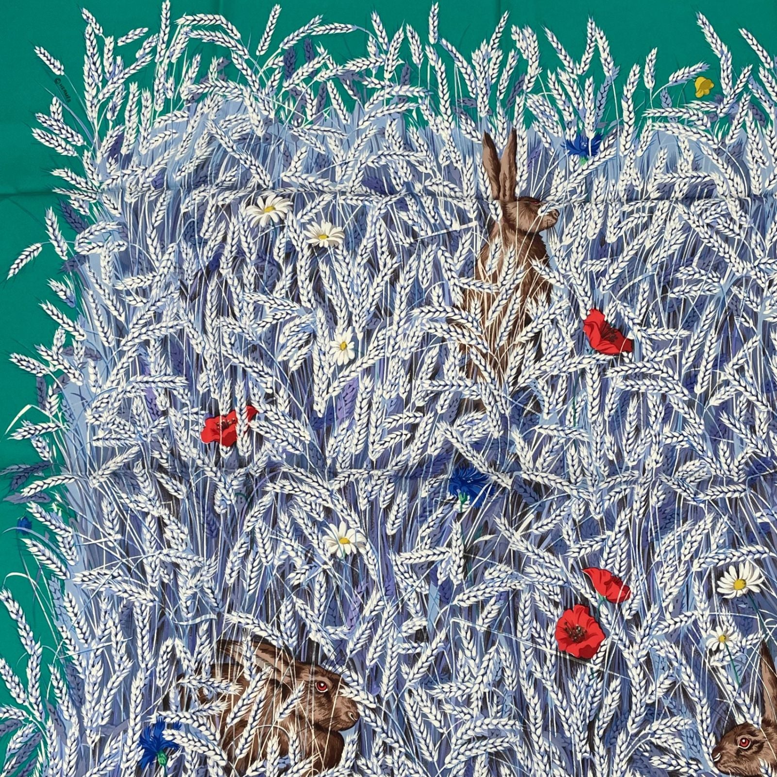 Hermes Carre 90 Lapins Dans Un Champ de Wheat Field and Rabbit Blue Multicolor — view 2
