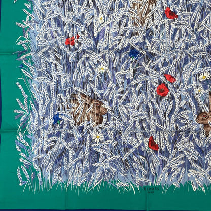 Hermes Carre 90 Lapins Dans Un Champ de Wheat Field and Rabbit Blue Multicolor — view 4