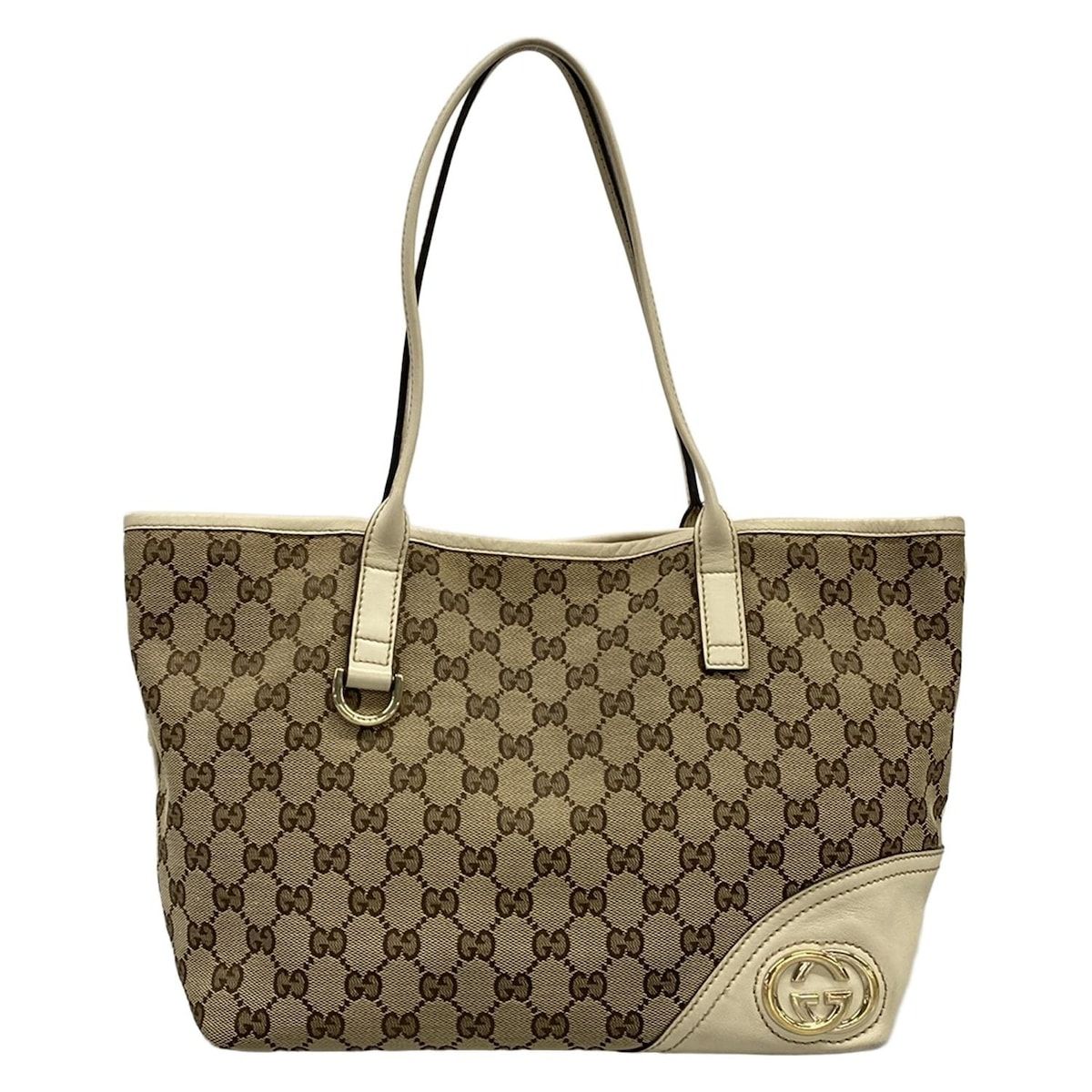 Gucci Tote New Britt GG Pattern Beige Ivory Brown Leather