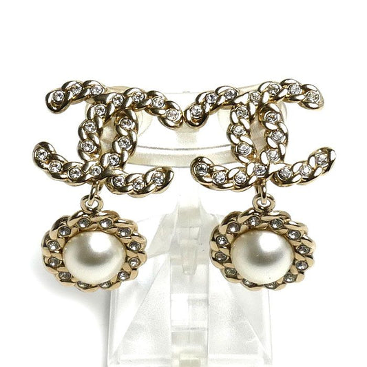 Chanel Metal Strass CC Logo Faux Pearl Rhinestone Earrings