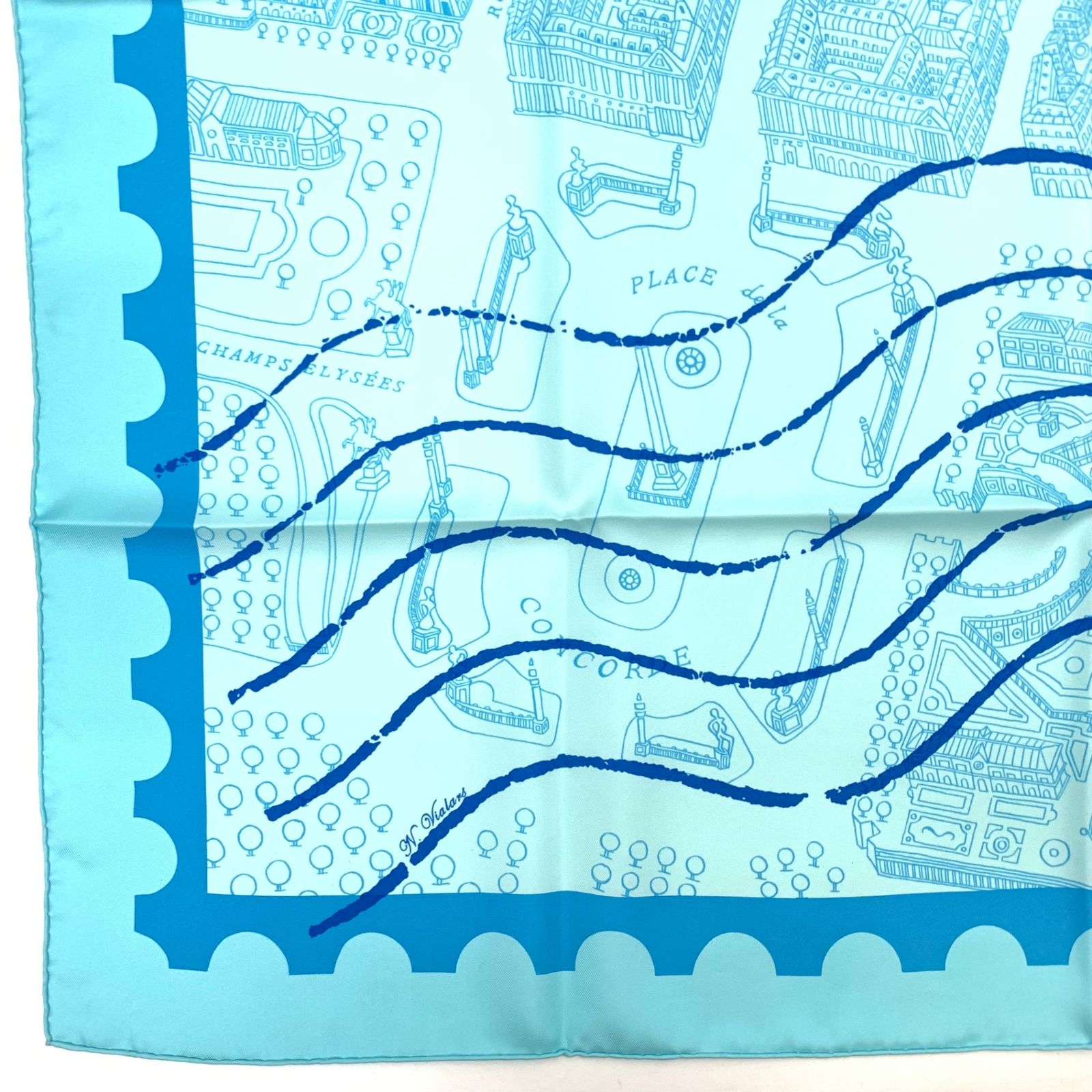 Hermes Carre 90 de Passage a Paris Blue Silk 100% Scarf — view 7