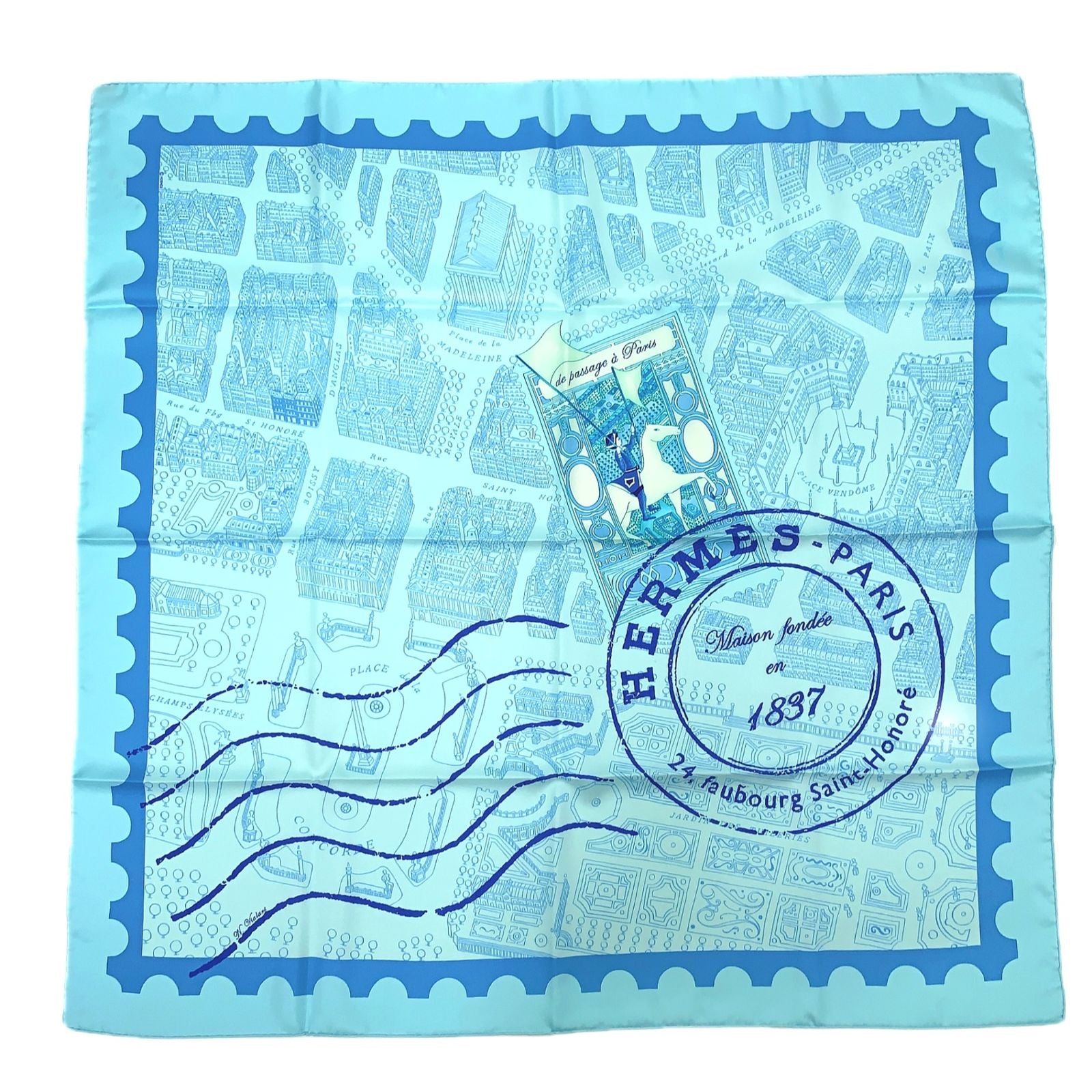 Hermes Carre 90 de Passage a Paris Blue Silk 100% Scarf — view 3