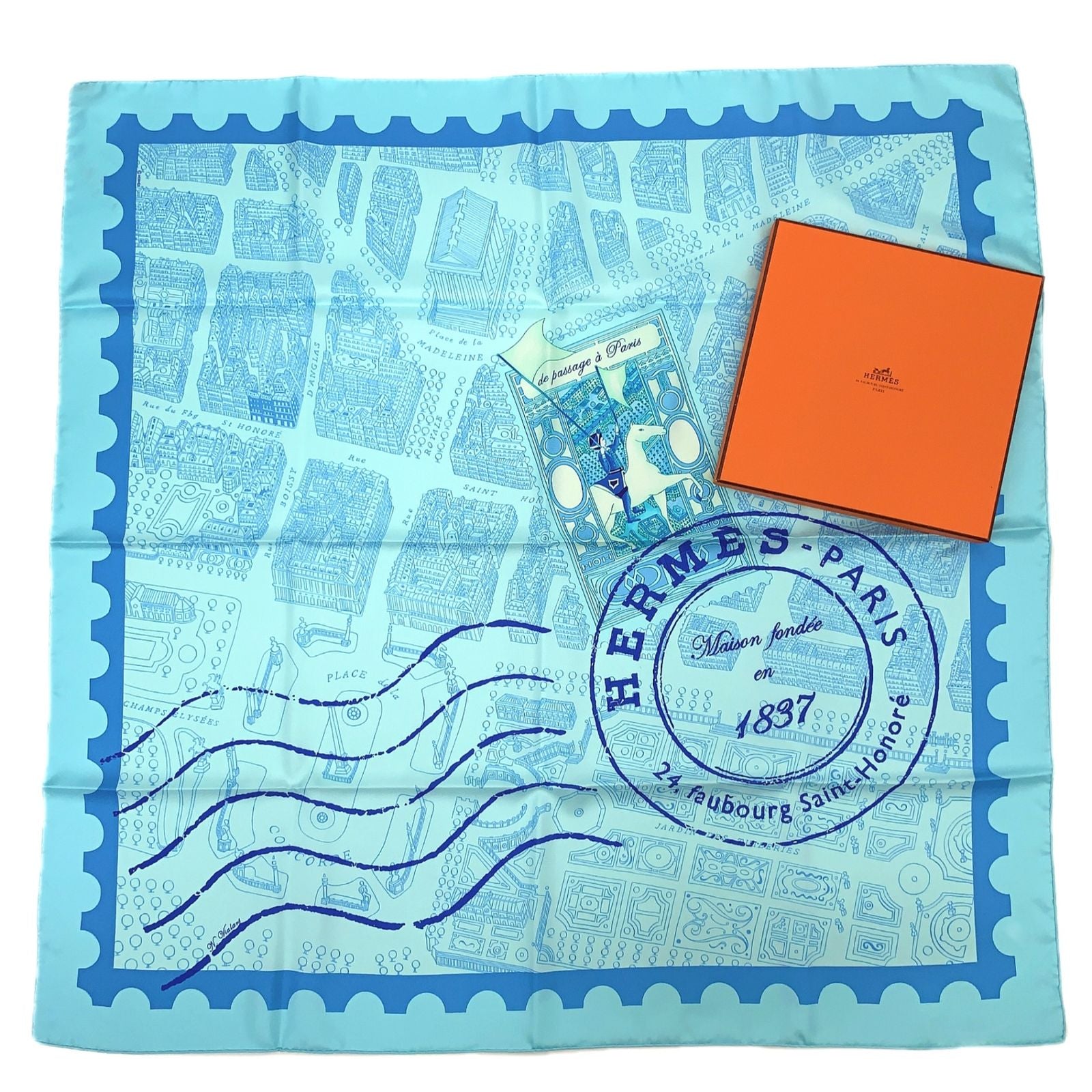 Hermes Carre 90 de Passage a Paris Blue Silk 100% Scarf