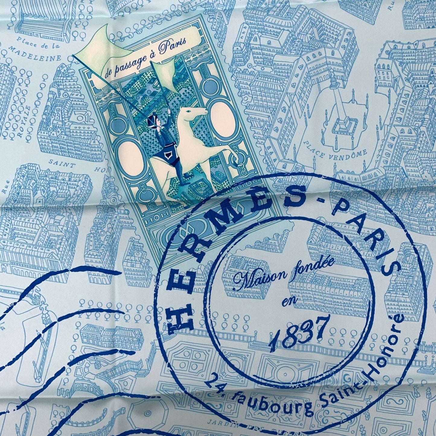 Hermes Carre 90 de Passage a Paris Blue Silk 100% Scarf — view 8