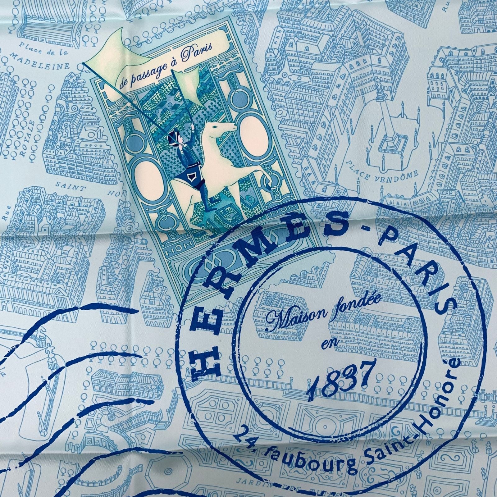 Hermes Carre 90 de Passage a Paris Blue Silk 100% Scarf — view 8