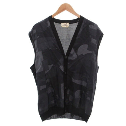 Hermes Tagged Knit Contrast Vest Gilet Silk Allover Neck XXL Black