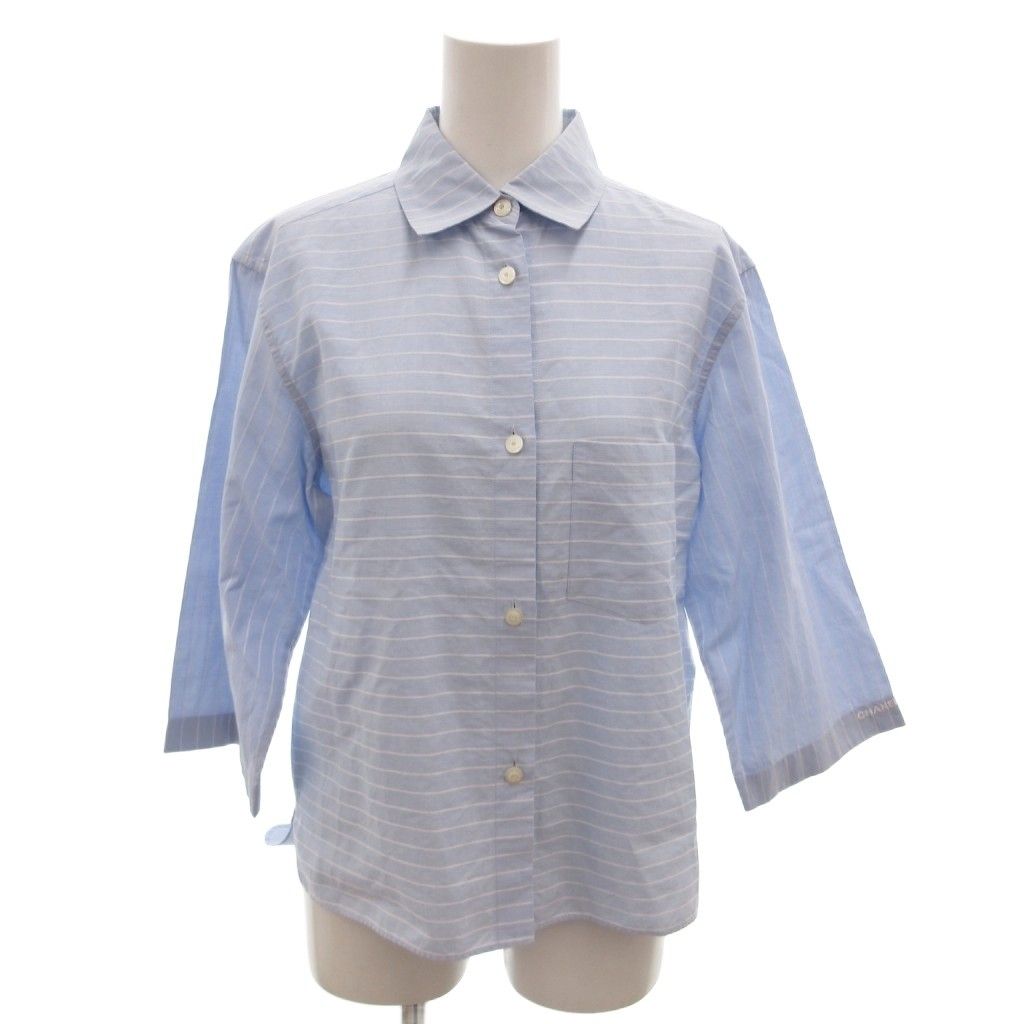 Chanel Identification Shirt Blouse 3/4 Sleeve Logo Embroidery Border CC 38 Blue