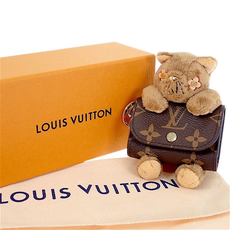 Louis Vuitton LV Monogram Bag Charm Canvas Brown Gold Cat Key Holder Case