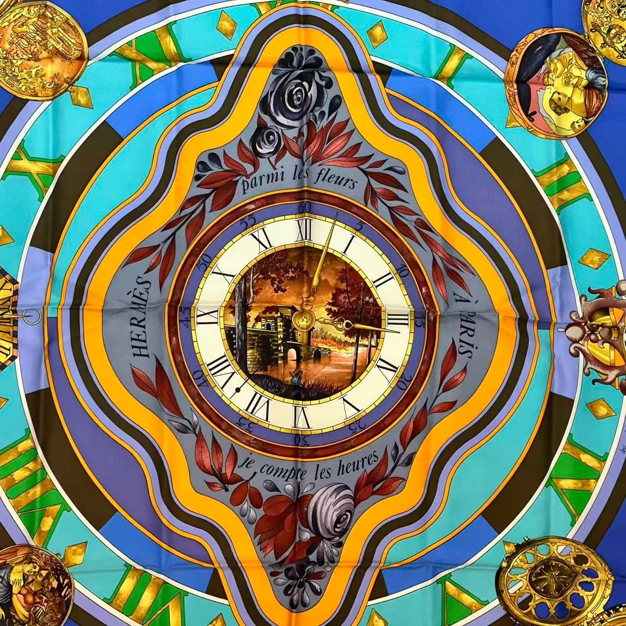 Hermes Carre 90 Scarf Silk Parmi les Fleurs Je Compte les Heures Time Among — view 7