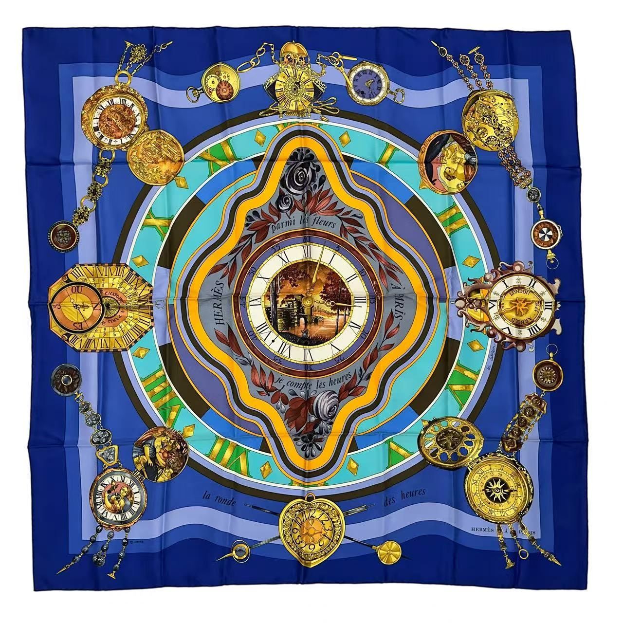 Hermes Carre 90 Scarf Silk Parmi les Fleurs Je Compte les Heures Time Among — view 2