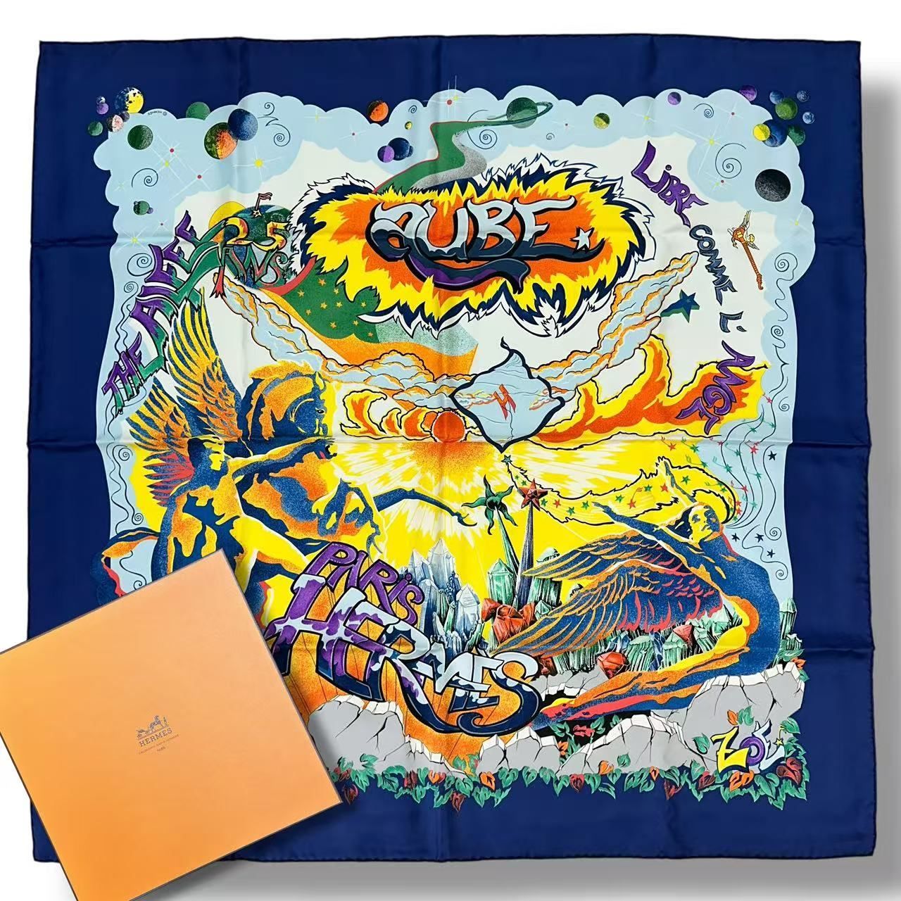 Hermes Carre 90 Scarf Silk Aube Libre Comme L'ange New Dawn Like an Angel Blue