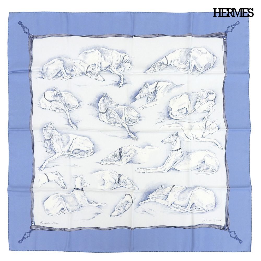 Hermes Carre 90 les Levriers Gray Hound de Pore Silk Scarf Blue