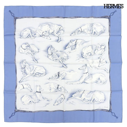 Hermes Carre 90 les Levriers Gray Hound de Pore Silk Scarf Blue